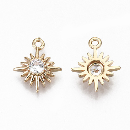 Brass Micro Pave Cubic Zirconia Charms, Light Gold, Long-Lasting Plated, Cadmium Free & Lead Free, Sun