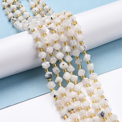 Natural Rainbow Moonstone Beads Strands, with Seed Beads, Faceted, Diagonal Cube Beads