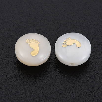 Natural Freshwater Shell Beads, with Golden Plated Brass Metal Embellishments, Flat Round with Foot