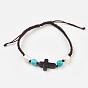 Adjustable Synthetic Turquoise(Dyed) Braided Bead Bracelets, Nylon Cord Square Knot Bracelet, with Natural Freshwater Pearl Beads, Cross