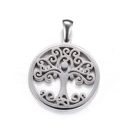 Ion Plating(IP) 304 Stainless Steel Pendants, Flat Round with Tree of Life