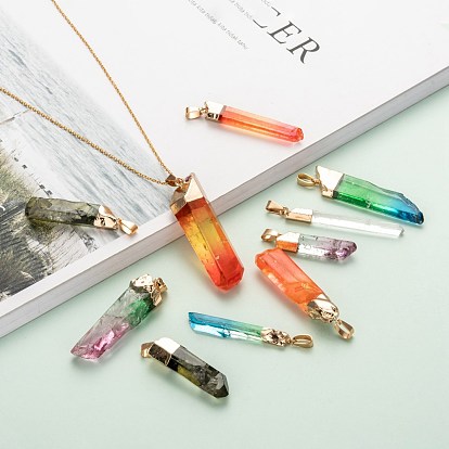 Golden Plated Natural Quartz Crystal Pendants, with Golden Tone Iron Finding, Dyed