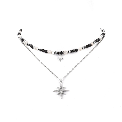 Ensemble de colliers pendentif étoile en zircone cubique claire, colliers empilables de chaînes de perles d'obsidienne naturelle et de roche de lave et de perles pour les femmes