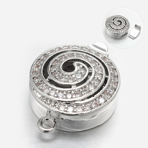 Eco-Friendly Vacuum Plating & Long-Lasting Plated Brass Micro Pave Cubic Zirconia Box Clasps, Flat Round, Cadmium Free & Nickel Free & Lead Free, 21x15x7mm, Hole: 1.5mm