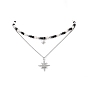 Clear Cubic Zirconia Star Pendant Necklaces Set, Natural Obsidian & Lava Rock & Pearl Beaded Chains Stackable Necklaces for Women