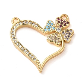 Brass Micro Pave Colorful Cubic Zirconia Connector Charms, Heart with Clover