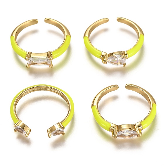 Brass Enamel Cuff Rings, Open Rings, with Clear Cubic Zirconia, Mixed Shapes, Real 18K Gold Plated, Long-Lasting Plated