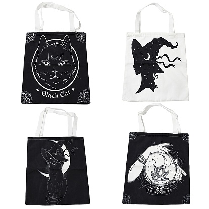 Canvas Tote Bags, Reusable Polycotton Canvas Bags, for Shopping, Crafts, Gifts, Cat/Crystal Ball/Witch