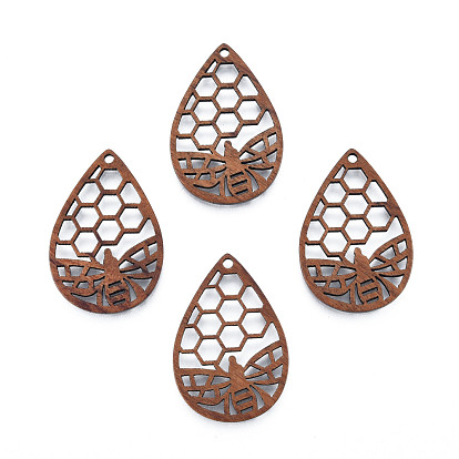 Natural Walnut Wood Pendants, Undyed, Hollow Teardrop Charm with Bees