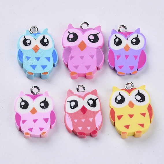 Handmade Polymer Clay Pendants, with Platinum Plated Iron Loops, Owl
