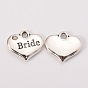 Wedding Theme Antique Silver Tone Tibetan Style Heart with Bride Rhinestone Charms, Cadmium Free & Lead Free, 14x16x3mm, Hole: 2mm