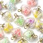 50Pcs 5 Colors Glow in the Dark Luminous Glass Pendants, with Golden Plastic Pendant Bails and Resin Rhinestone Inside, Heart Charms