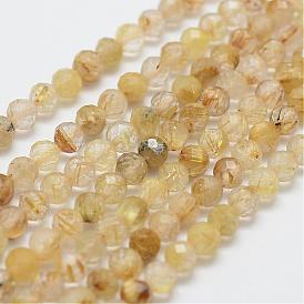 Natural Gold Rutilated Quartz Bead Strands, Round, Faceted