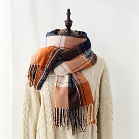 Écharpe cache-cou en polyester à motif tartan, écharpe d'hiver, écharpe classique à carreaux et pampilles