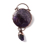 Natural Amethyst Big Pendants, with Red Copper Tone Brass Findings, Flat Round with Lion & Teardrop, Cadmium Free & Lead Free