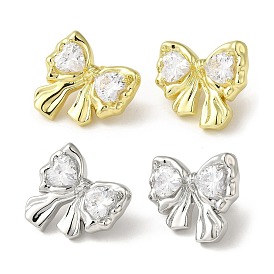 Brass Stud Earrings, with Clear Cubic Zirconia for Women, Heart with Bowknot