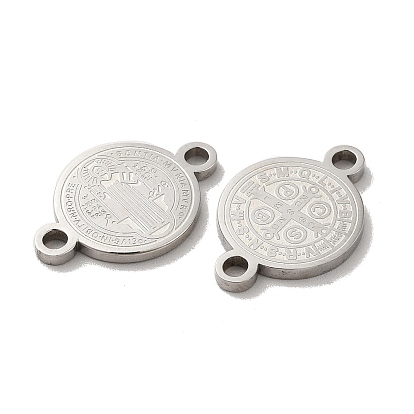 Religion 304 Stainless Steel Connector Charms, Flat Round with Saint Benedict Cross