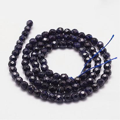Synthetic Blue Goldstone Beads Strands, Dyed & Heated, Faceted(64 Facets), Round Bead