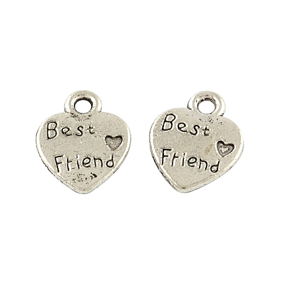 Tibetan Style Zinc Alloy Charms, Lead Free & Cadmium Free, Heart with Word Best Friend, 12.5x9.8x1.5mm, Hole: 1.5mm, about 714pcs/500g