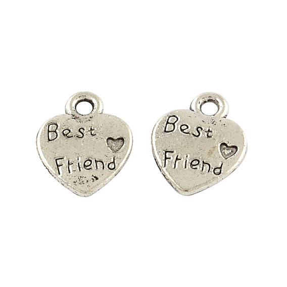 Tibetan Style Zinc Alloy Charms, Lead Free & Cadmium Free, Heart with Word Best Friend, 12.5x9.8x1.5mm, Hole: 1.5mm, about 714pcs/500g