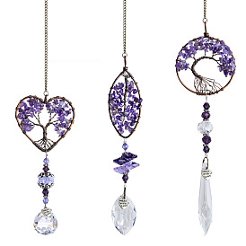 Glass Pendant Decorations, Natural Amethyst Chips Flat Round/Leaf/Heart Tree of Life Hanging Suncatchers, with Metal Findings, for Home, Car Interior Ornaments