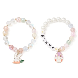 2 pcs 2 ensemble de bracelets extensibles en perles de verre et de perles sur le thème de Pâques, Bracelet en acrylique pour enfants, mot lapin, avec breloques en alliage émaillé, lapin