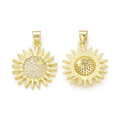 Rack Plating Brass Micro Pave Clear Cubic Zirconia Pendants, Cadmium Free & Lead Free, Long-Lasting Plated, Sun with Moon Charm