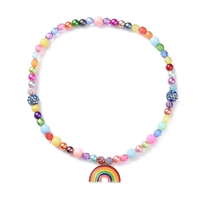 Ensembles de bracelets et colliers à thème arc-en-ciel pour enfants, bracelets extensibles en perles acryliques et colliers pendentifs en alliage d'émail