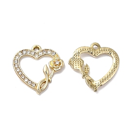Rack Plating Alloy Crystal Rhinestone Pendants, Hollow Heart with Rose Charms
