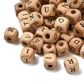 (Defective Closeout Sale), Printed Natural Wood Beads, Horizontal Hole, Cube with Initial Letter
