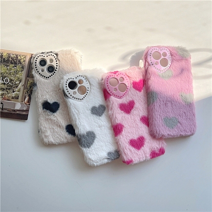 Warm Plush Mobile Phone Case for Women Girls, Winter Heart Shape Camera Protective Covers for iPhone13/13 Pro/13 Pro Max/14/14 Pro/14 Plus/14 Pro Max