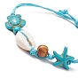 Adjustable Waxed Cotton Cord Braided Bracelets, with Cowrie Shell Beads, Wood Beads, Synthetic Turquoise(Dyed) Beads, Starfish/Sea Stars and Tortoise