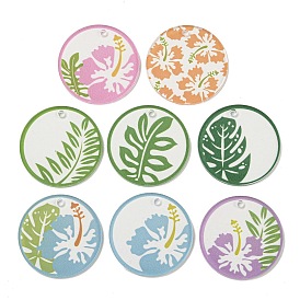 Opaque Acrylic Pendants, Flat Round with Leaf & Flower