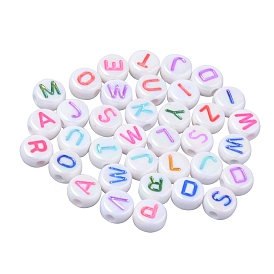 Perles acryliques blanches opaques, métal enlacée, plat rond avec lettres de couleurs mélangées