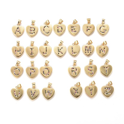 Brass Micro Pave Cubic Zirconia Pendants, Heart with Letter