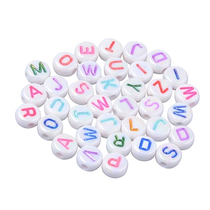 Opaque White Acrylic Beads, Metal Enlaced, Flat Round with Mixed Color Letters