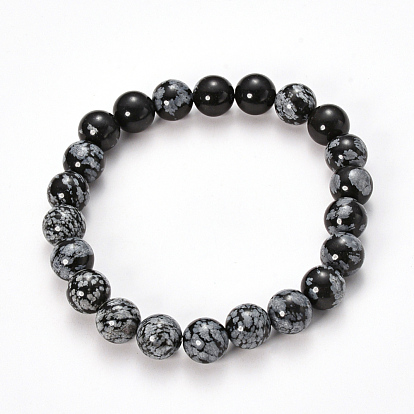 Natural Snowflake Obsidian Beaded Stretch Bracelets, Round