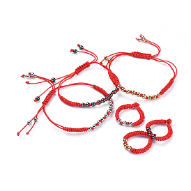 Cordon réglable en nylon tressé bracelets de perles et ensembles d'anneaux, avec des perles en laiton, sans cadmium et sans plomb