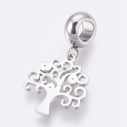 304 Stainless Steel European Dangle Charms, Large Hole Pendants, with Rhinestone, Tree