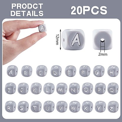20Pcs Grey Cube Letter Silicone Beads 12x12x12mm Square Dice Alphabet Beads with 2mm Hole Spacer Loose Letter Beads for Bracelet Necklace Jewelry Making