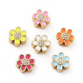 Flower Brass Micro Pave Clear Cubic Zirconia Beads, Real 18K Gold Plated, with Enamel, Cadmium Free & Nickel Free & Lead Free