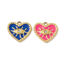 Vacuum Plating 201 Stainless Steel Rhinestone Pendants, Enamel Style, Real 18K Gold Plated, Heart with Eye Charm