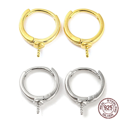 Rhodium Plated 925 Sterling Silver Hoop Earring Findings, for Half Drilled Beads, with S925 Stamp