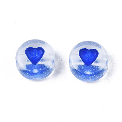 Transparent Acrylic Enamel Beads, Flat Round with Heart