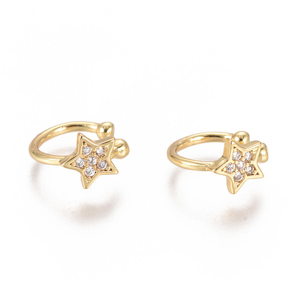 Golden Plated Brass Micro Pave Cubic Zirconia Cuff Earrings, Long-Lasting Plated, Star