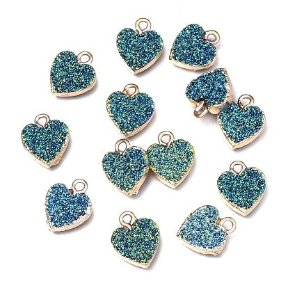 Electroplate AB Color Druzy Resin Pendants, with Iron Findings, Heart, Light Gold