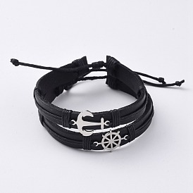 Cowhide Leather Cord Bracelets, Stackable Bracelets, with Waxed Cotton Cord and 201 Stainless Steel Findings, Anchor and Helm