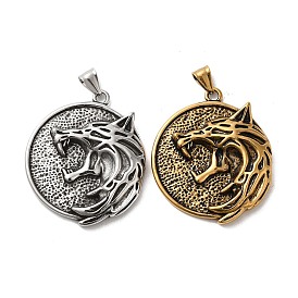 304 Stainless Steel Big Pendants, Flat Round with Wolf & Helm of Awe Charm