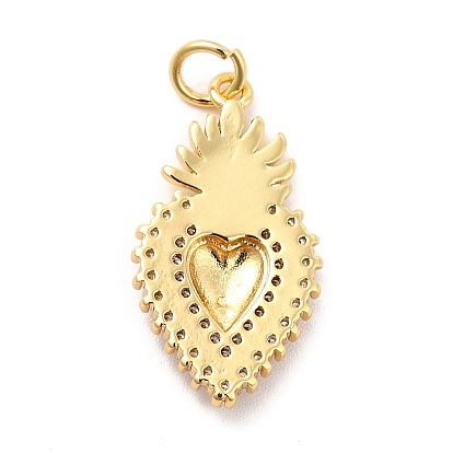 Rack Plating Brass Micro Pave Cubic Zirconia Pendants, Sacred Heart Charm, Mexican Milagro Flaming Holy Heart Charm, Long-Lasting Plated, with Jump Rings, Cadmium Free & Lead Free