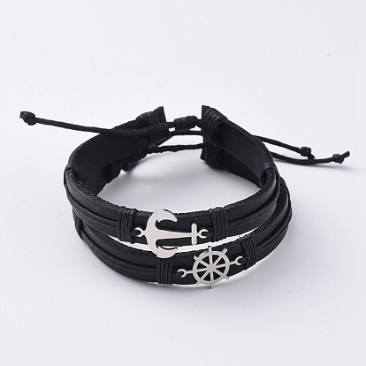 En cuir de vachette cordon bracelets, bracelets empilables, avec cordon en coton ciré et 201 accessoires en acier inoxydable, ancre et la barre